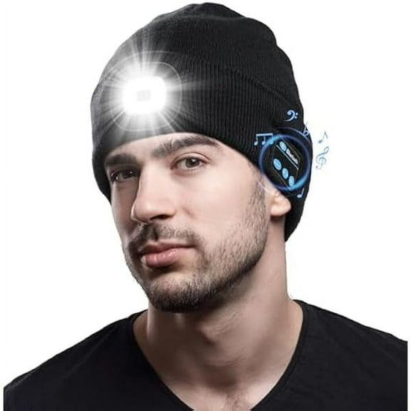 Bluetooth Beanie with The Light, Unique Tech Gifts for Men Husband Him Teen, Wireless Headphones for Fishing Jogging Working, Christmas Stocking Black