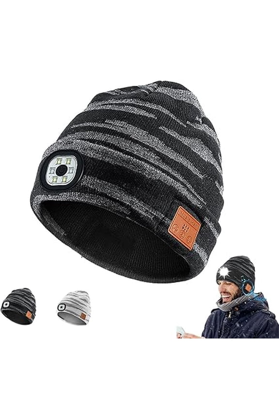 Bluetooth Beanie with a Light, Unisex USB Rechargeable 4 LED Fashlight Hat with Cordless Headphones, Unique Christmas Birthday Gifts for Men Him Husband Teen Camouflage Grey - Black