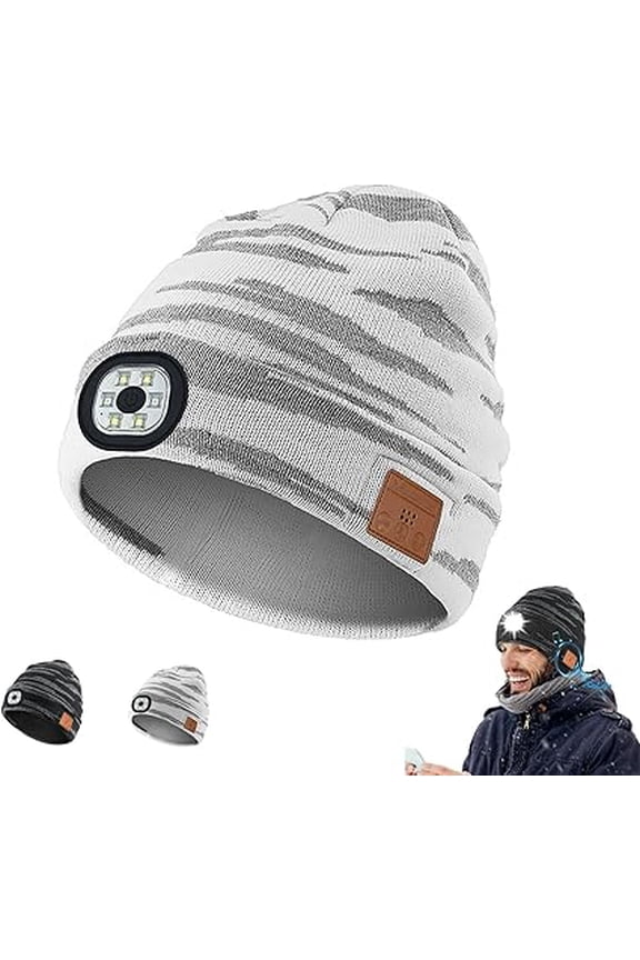 Bluetooth Beanie with a Light, Unisex USB Rechargeable 4 LED Fashlight Hat with Cordless Headphones, Unique Christmas Birthday Gifts for Men Him Husband Teen Camouflage Grey - White