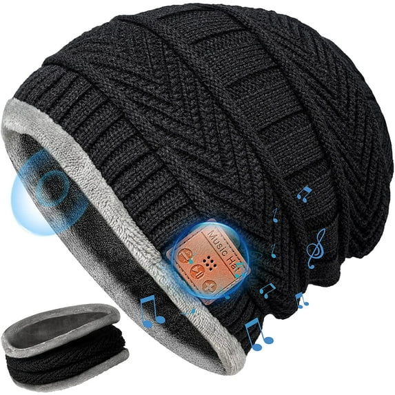 Bluetooth Beanie with Scarf, Stocking Stuffers Gift for Men Beanie Cap Rechargeable with Wireless Hands Free Head Hat Winter Warm Knit Cap with Scarf, Chritmas Gift for Men and Women Black