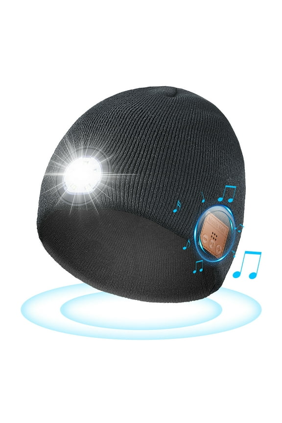 Bluetooth Beanie with Light, Peatop Unisex Beanie Hat with 5 Led Headlamp for Outdoor , Black Lighted Cap for 10+ Ages Birthday Gift for Men Women