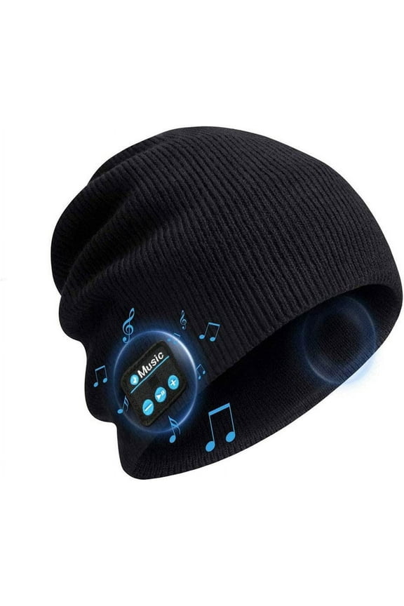 Bluetooth Black Beanie Hat Wireless Headphone Cap Music Soft Hat with Stereo Speakers,Winter Knit Hat Mic Hands-Free for Men Women