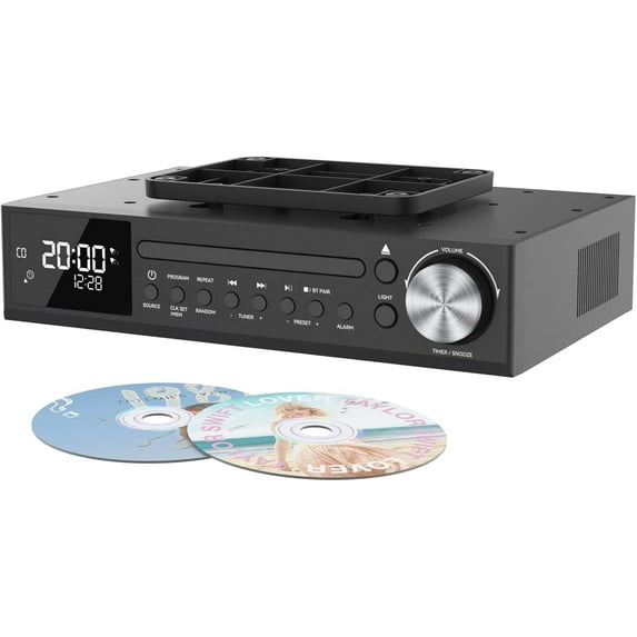 Bluetooth CD Player,Under Cabinet Kitchen FM Radio CD Player,Dual HD Speakers,Wireless Music System with LED Light,Remote Control,Kitchen Timer,Dual Alarm Clock Black