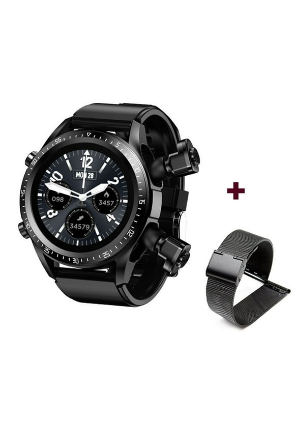 Bluetooth Call Smart Watch With Earphone, Music Playback, Heart Rate Monitor, Magnetic Charging, Black Silicone And Steel Strap