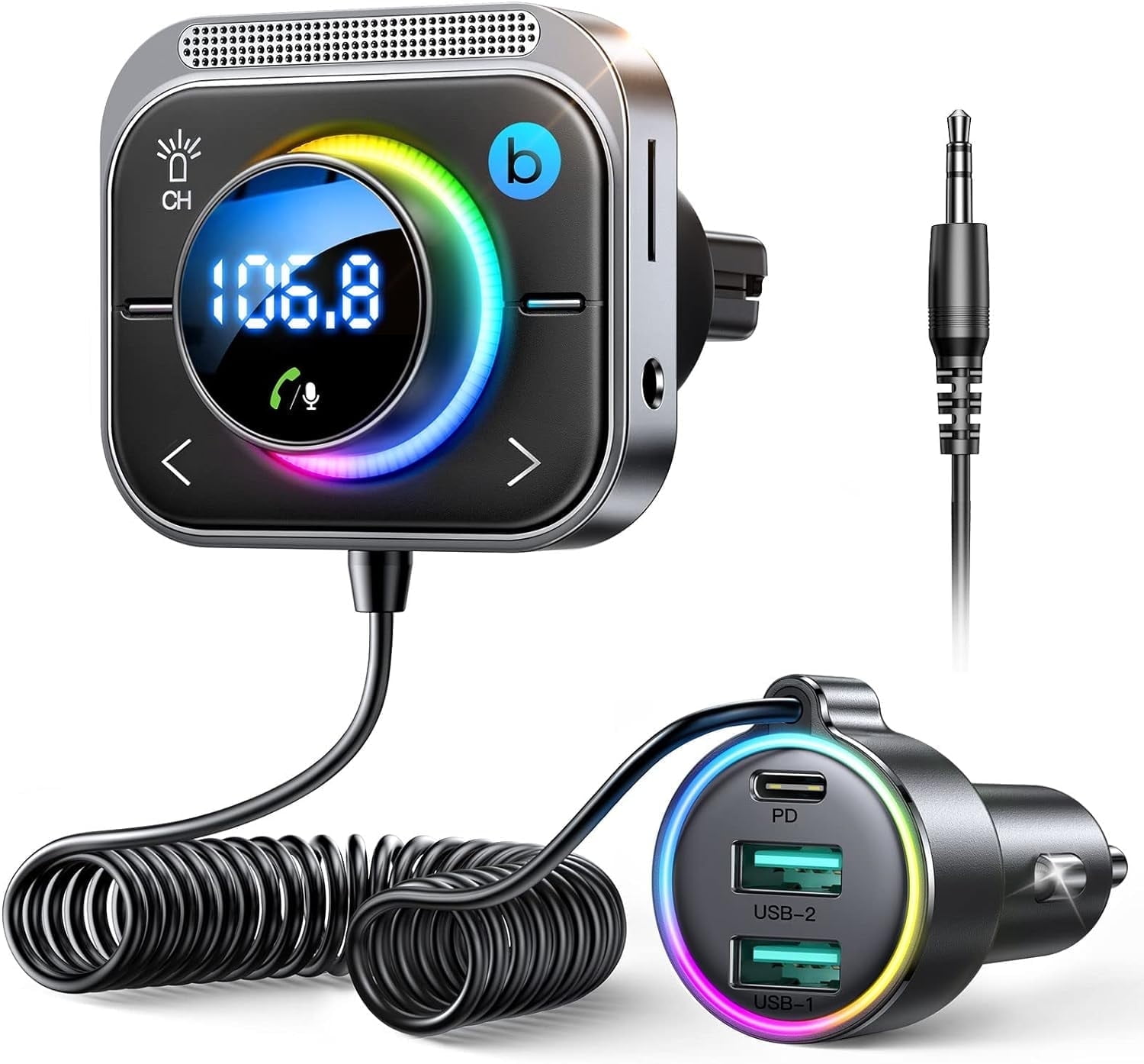 Transmetteur FM Bluetooth 5.3 Pour Voiture – Charge Rapide QC3.0 + USB-C – Kit Mains Libres, Lecture MP3, Compatible TF/USB