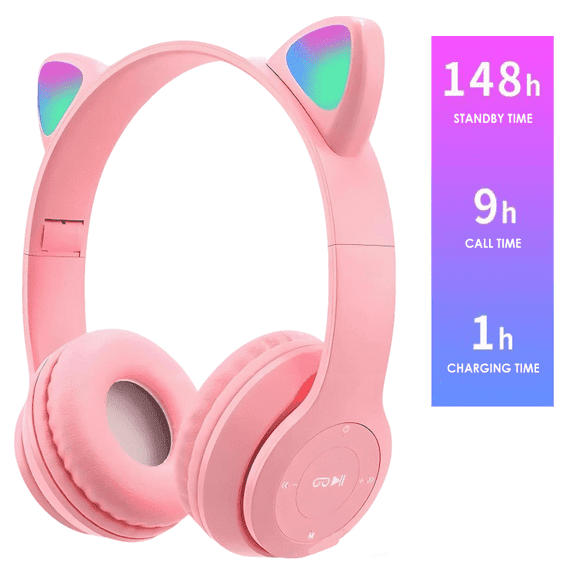 Bluetooth Cat Ear Headphones for Kids & Adults, Cat Ear LED Light Toddlers Study Headphones,Wireless & Wired Mode Foldable Headset with Mic,Clear Sound Quality for iPhone/iPad/Laptop/PC,Pink