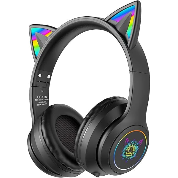 Bluetooth Cat Ear Headphones for Kids & Adults, Wireless & Wired Mode Foldable Headset with Mic - Clear Sound Quality - RGB LED Light, for Girls School Gaming, for Phone/Laptop/PC/Tablet, Black