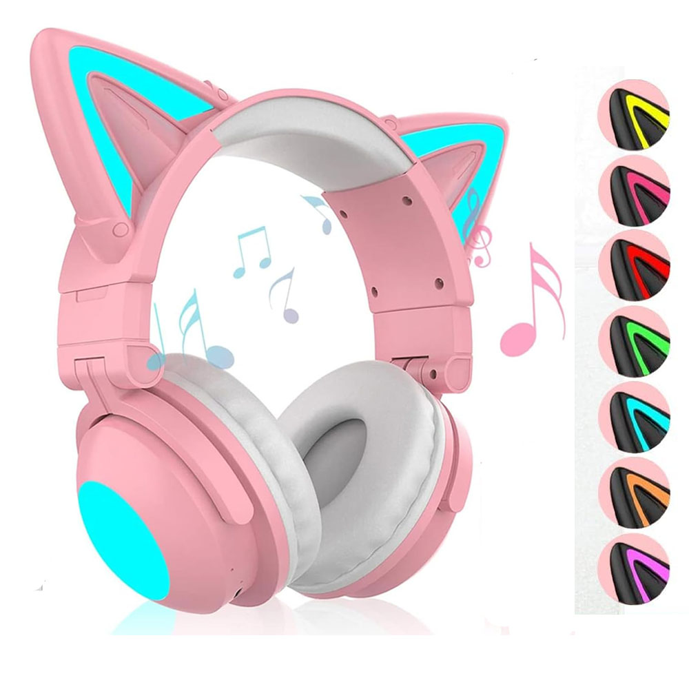 Yolispa Bluetooth Cat Ear Over-Ear Headphones for Traveling, Lovely Pink Foldable Child Headphones, LED Wireless Headset, Wired Headphones Compatible with Phone/PC/Tablet/TV/Xbox/Switch (Pink)