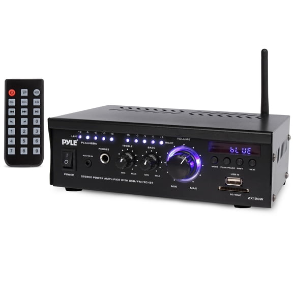 Pyle Bluetooth Stereo Amplifier 2x120W Home Audio Receiver with Blue LED Display, USB/SD, AUX, RCA & Headphone Jack, Wireless Streaming with Remote Control