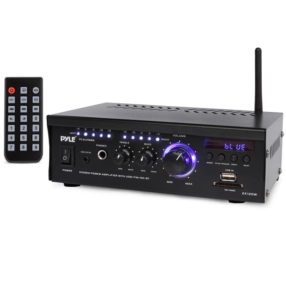 Pyle Bluetooth Stereo Amplifier 2x120W Home Audio Receiver with Blue LED Display, USB/SD, AUX, RCA & Headphone Jack, Wireless Streaming with Remote Control