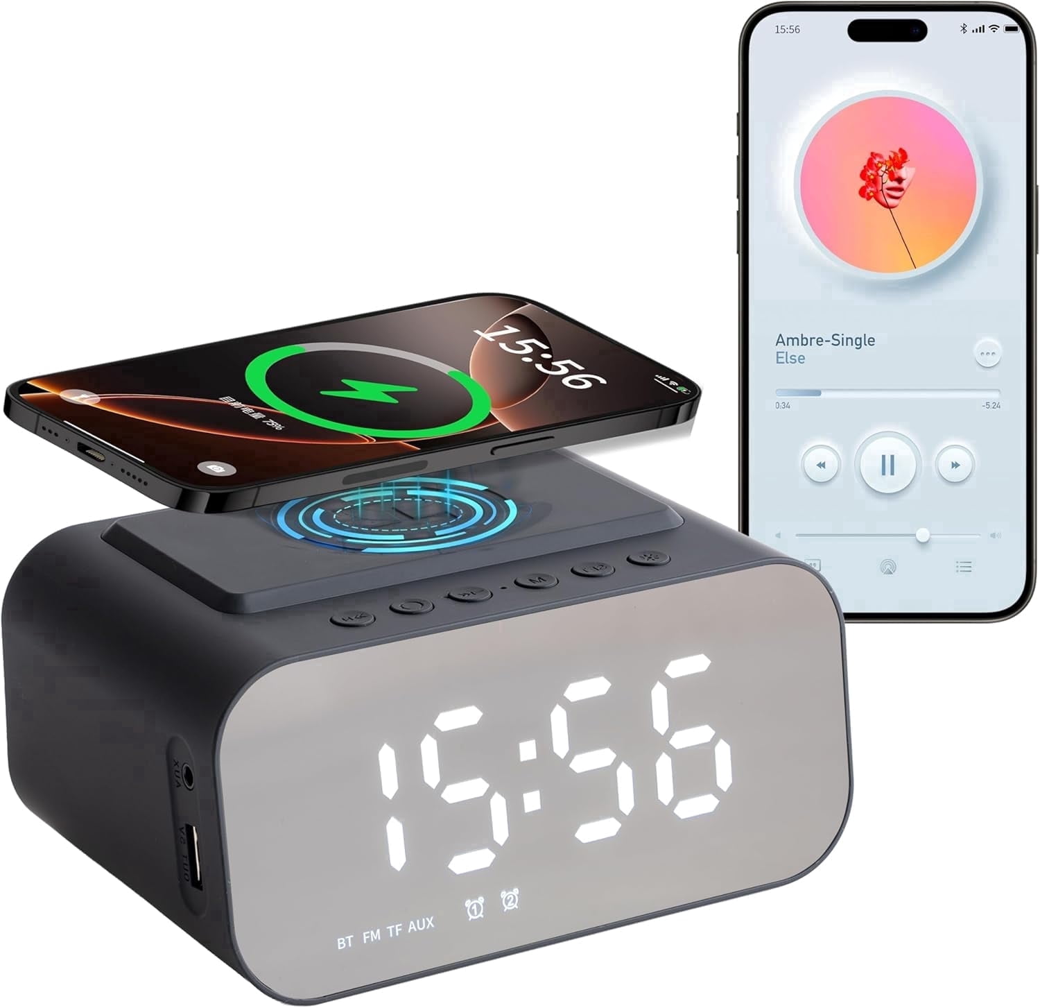 Bluetooth Digital Alarm Clock for Bedroom, Loud Alarm Clock, Wireless Speaker, USB AUX Charger, Hands-Free Calling Function, Dual Alarm, 24 Adjustable Brightness