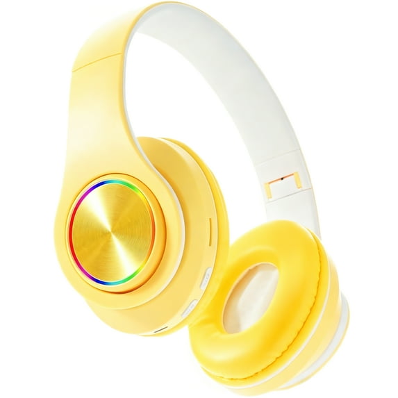 Bluetooth Over Ear Headphones, Wired & Wireless Yellow Gaming Headphone, Colorful LED Lights, Foldable Hi-Fi Stereo Headphones with Mic & 3.5mm Jack Suitable for Classroom/Home Office/PC/Mobile