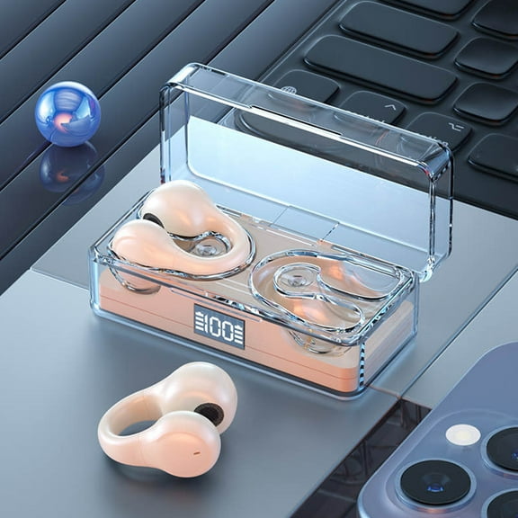 Bluetooth Earphone, Hwkond Bluetooth 5.3 Wireless Headphones With Clear Charging Case Stereo Headphones Ear Clip Type Built-in Microphone Headphones Sports Headphones, Beige, Up to 60% Off