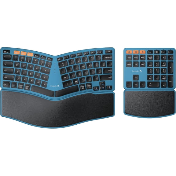 Bluetooth Ergonomic Keyboard, Wireless Split Keyboard with Separate Number Pad, Dual and USB, Hard Wrist Rest, Rechargeable for Windows/Mac/Android - Blue