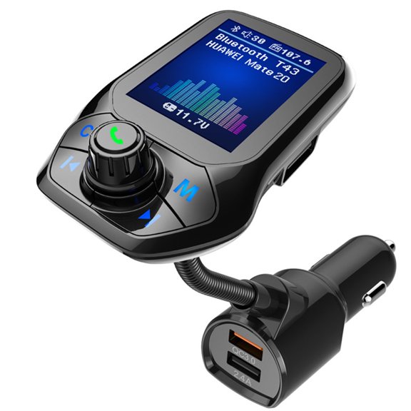 Bluetooth FM Transmitter For Car - QC3.0 Fast Charge Car Adapter With 1.8" TFT Color Screen, Dual USB Ports, Hands-Free Calling & Voltage Detection - Compatible With Trucks, SUVs & Cars,T43