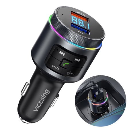 Bluetooth FM Transmitter for Car - QC3.0 Quick Charge (2 USB Ports), CVC Noise-Canceling Hands-Free Calls, 7-Color RGB LED, Hi-Fi Bass, Bluetooth/USB Music Play, 12-24V for All Cars/Trucks