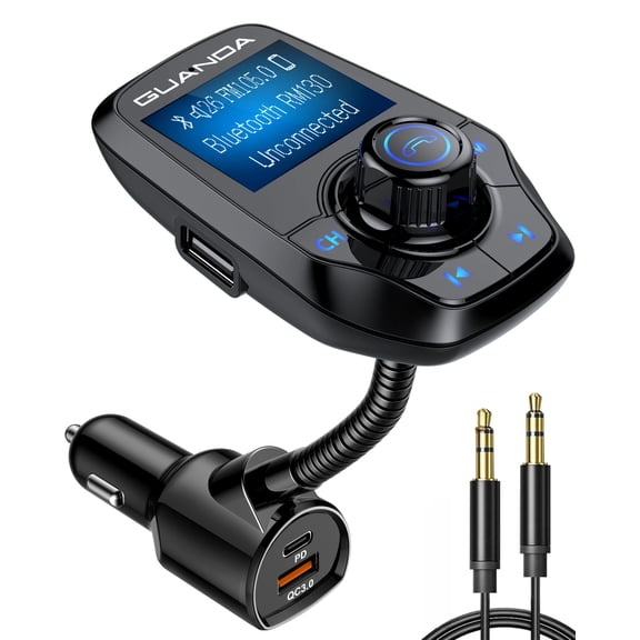 GUANDA Bluetooth Car Adapter with Hands-Free Calling, FM Transmitter for Car, PD 30W USB-C Fast Charging, AUX Input, TF Card Music Player