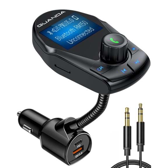 GUANDA Bluetooth Transmitter for Car, FM Transmitter with 1.44” Display & Flexible Gooseneck, Hands-Free Calling, PD 30W USB-C Fast Charging, TF Card