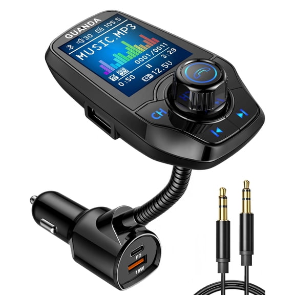 GUANDA Bluetooth FM Transmitter for Car, Wireless Radio Adapter with 1.8” Color Display, Hands-Free Call, AUX In Out, SD TF Card, PD 20W USB Charger
