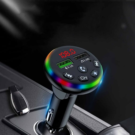 Bluetooth FM Transmitter for Car, 7 Color LED Light Bluetooth Car Adapter with USB Charging, Hands-Free MP3 Player, Car Kit with Dual USB Ports
