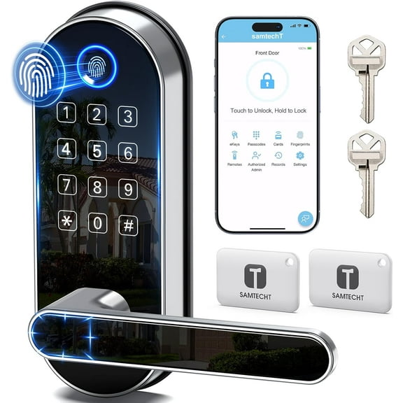 Bluetooth Fingerprint Smart Lock with Handle & Keypad Fits Most US Doors, DIY Install, Keyless Entry: Code, FOB, Auto-Lock. Ideal for Home, Airbnb, Rental, Kids, Seniors. Alexa & Google Compatible