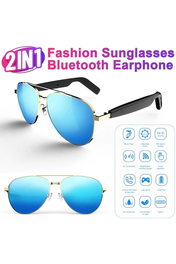 Bluetooth Glasses for Men and Women, Smart Wireless Earphone Blue Coated UV Protection Sunglasses Open-Ear Headset Touch Control Remote Photography Hands-Free Calling Music for Traveling and Driving
