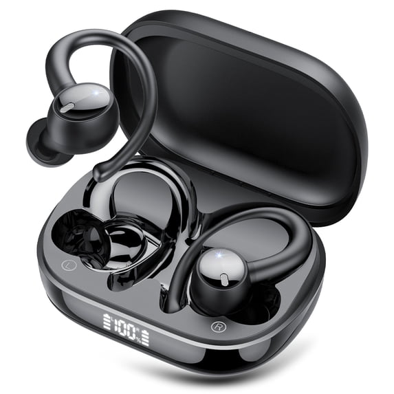 Bluetooth Headphones 5.4, 60Hrs Playtime Wireless Earbuds, Bass Boost 85%, Over-Ear Headphones Built-in 4 ENC Mics, IPX7 Waterproof Ear Buds with Earhook for Exercise Running Sports Black