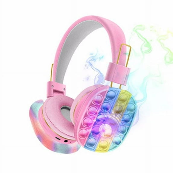 Cat Ear Headphones Kids Toy Headset, Wireless Bluetooth Headphone Pop Bubble On-Ear Headphone Fidget Toy Rainbow Color Fidget Headset for Children Adults (Pink-Lighted)