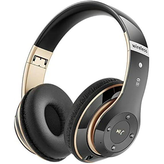 Bluetooth Headphones Over Ear, 6S Wireless Headphones Wired with 6 EQ Modes, 40 Hours Playtime Foldable HiFi Stereo Headset with Microphone, FM/TF for Cellphone/PC/Work (Black & Gold)