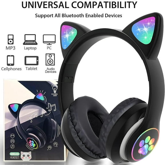 HQinX Kids Headphones, Wireless Bluetooth Cat Ear Headset, LED Light Up Foldable Over Ear, Stereo Sound with Mic & TF Card (Black)