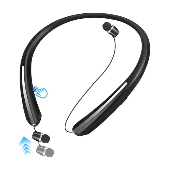Retractable Neckband Bluetooth Headphones Wireless Earbuds, Around The Neck Headset with Noise Cancelling Microphone, IPX5 Sweatproof Sports Earphones for iPhone Android (Black)