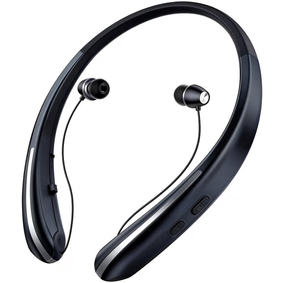 Bluetooth Headphones Neckband, Retractable Headset Wireless Sports Earbuds Noise Cancelling Stereo Earphones with Microphone, IPX5 Sweatproof, Compatible with iPhone Android Samsung PC (Black)