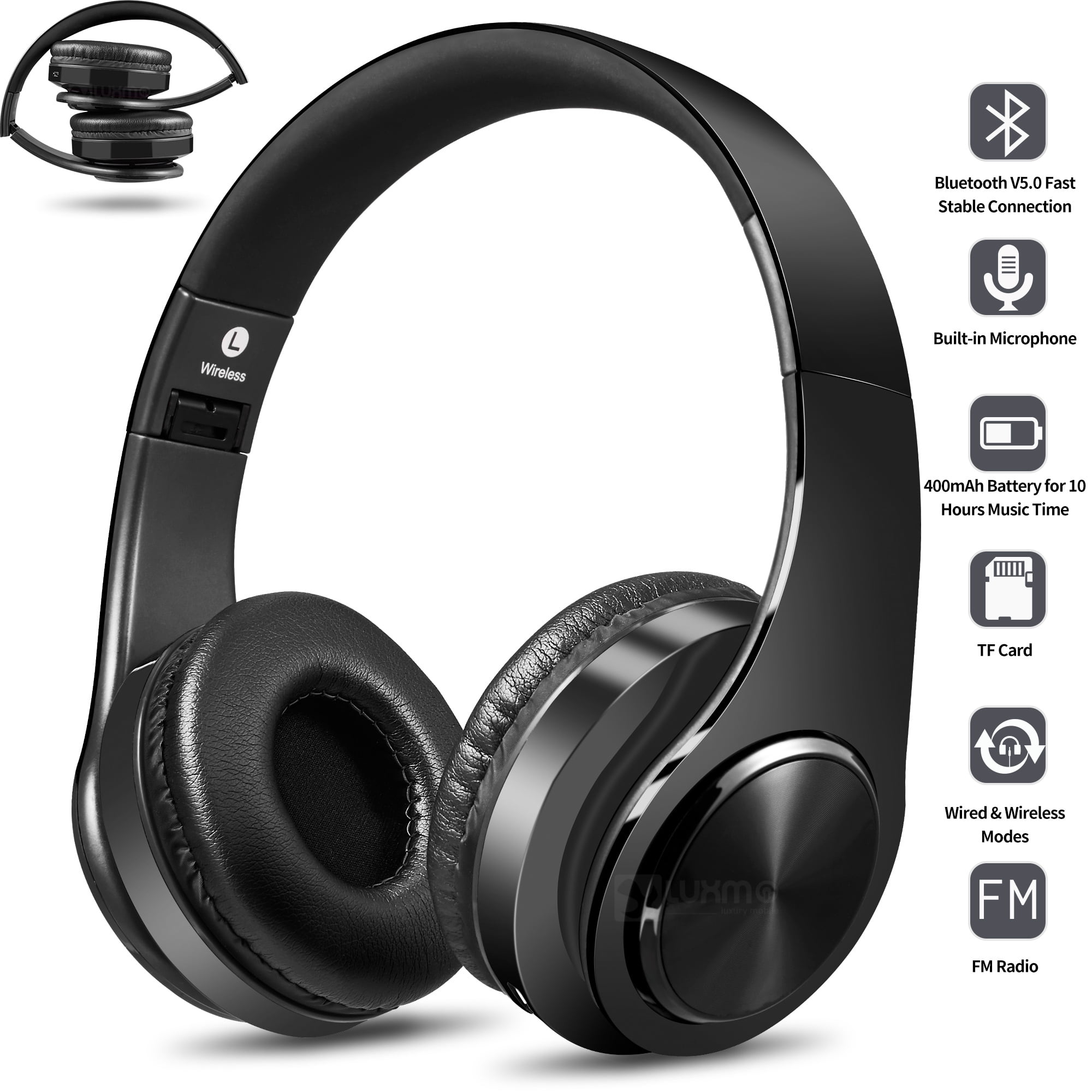 Bluetooth Headphones Over Ear Hi Fi Stereo Wireless Foldable Headset with Soft Memory Protein Earmuffs Built in Mic and Wired Mode for PC Cell Phones TV Black Walmart