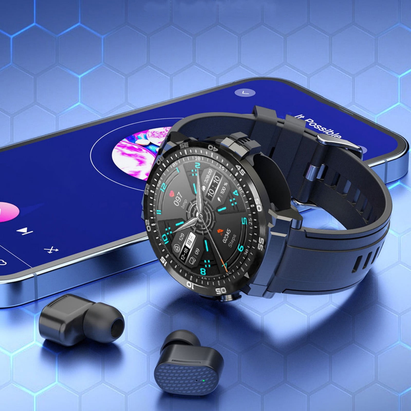 Bluetooth Headphones Smart Watch With Earbuds Round Fitness Watch 1.28 Inch Bluetooth Watch With Step Calories Sleep Monitor For IOS & Android Noise Cancelling Headphones