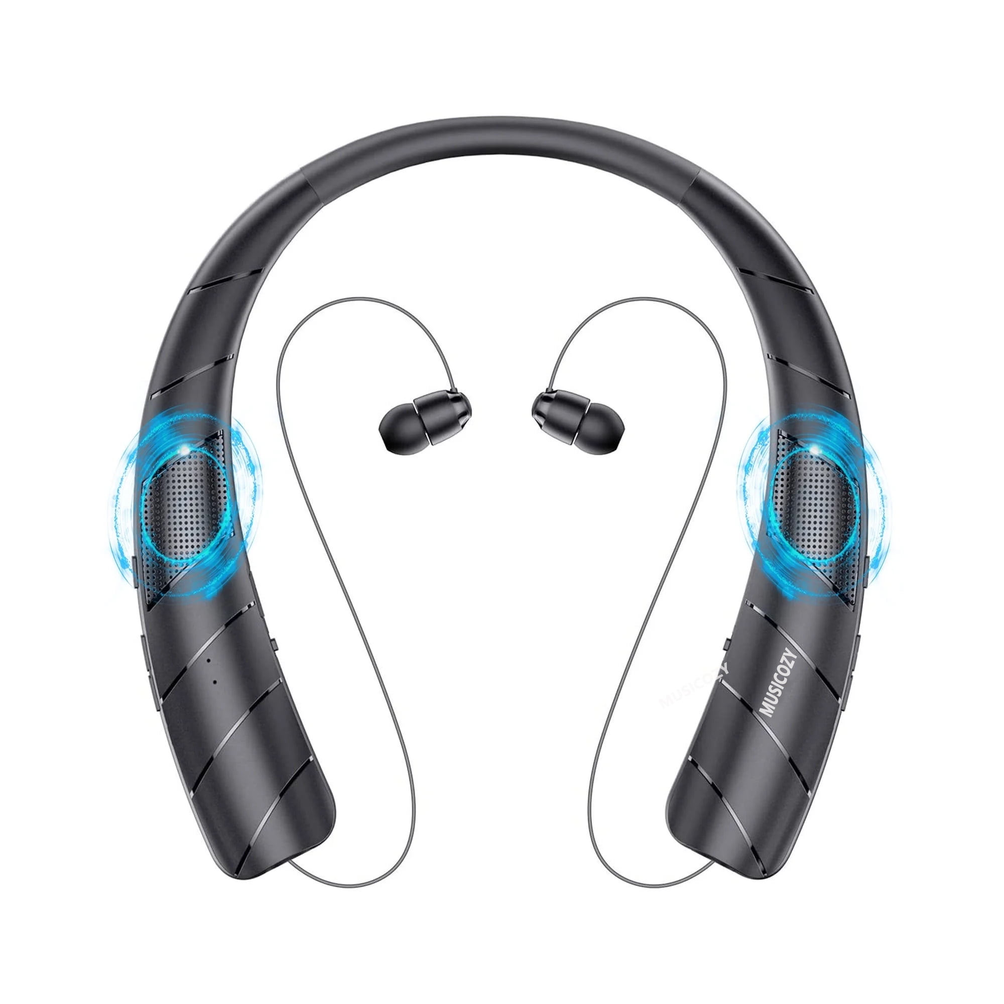 Bluetooth Headphones Speaker 2 in 1,Neckband Bluetooth Headphones with Retractable Earbuds,3D Stereo Sound CVC 8.0 Noise Cancelling Personal Sport Sweatproof Speaker (Black)