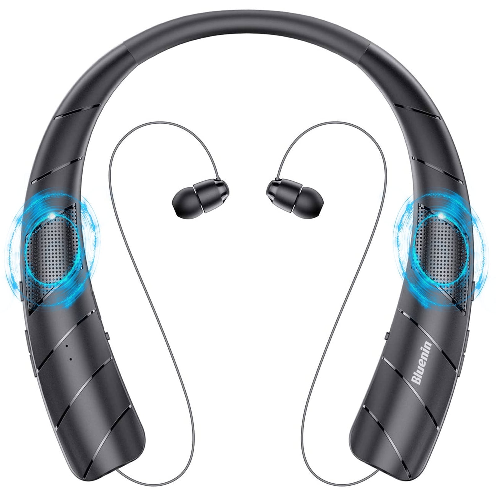 Bluetooth Headphones Speaker 2 in 1 Neckband Wireless Headphones with Noise Cancelling Mic Retractable Earbuds Sweatproof Wearable Stereo Earphones for Home Office Sports Black Walmart