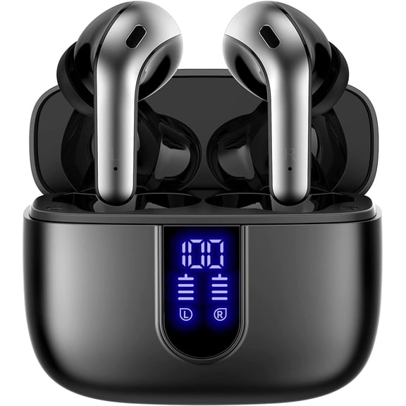 Bluetooth Headphones True Wireless Earbuds 60H Playback LED Power Display Earphones with Charging Case IPX5 Waterproof in-Ear Ear buds Mic for TV Smart Phone Laptop Computer Sports