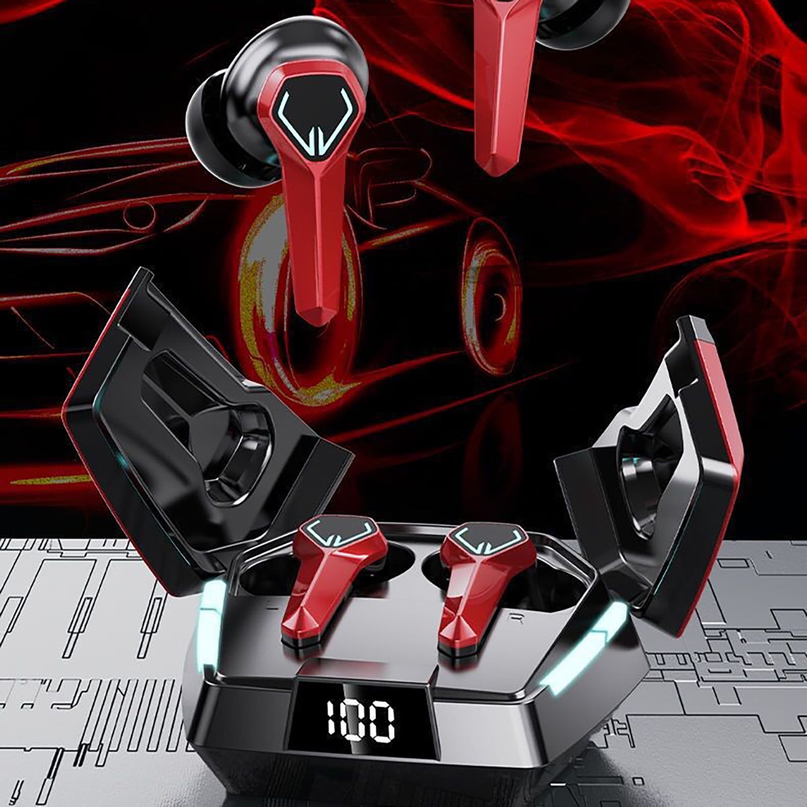 Bluetooth Headphones True Wireless Earbuds 60H Playback LED Power Display Earphones with Wireless Charging Case IPX5 Waterproof in-Ear Earbuds with Mic for TV Smart Phone Laptop Computer Sports - Red