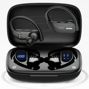 Bluetooth Headphones Wireless Earbuds 48hrs Playback IPX5 Waterproof Earphones Over-Ear Stereo Bass Headset with Earhooks Microphone LED Battery Display for Sports/Workout/Gym Black