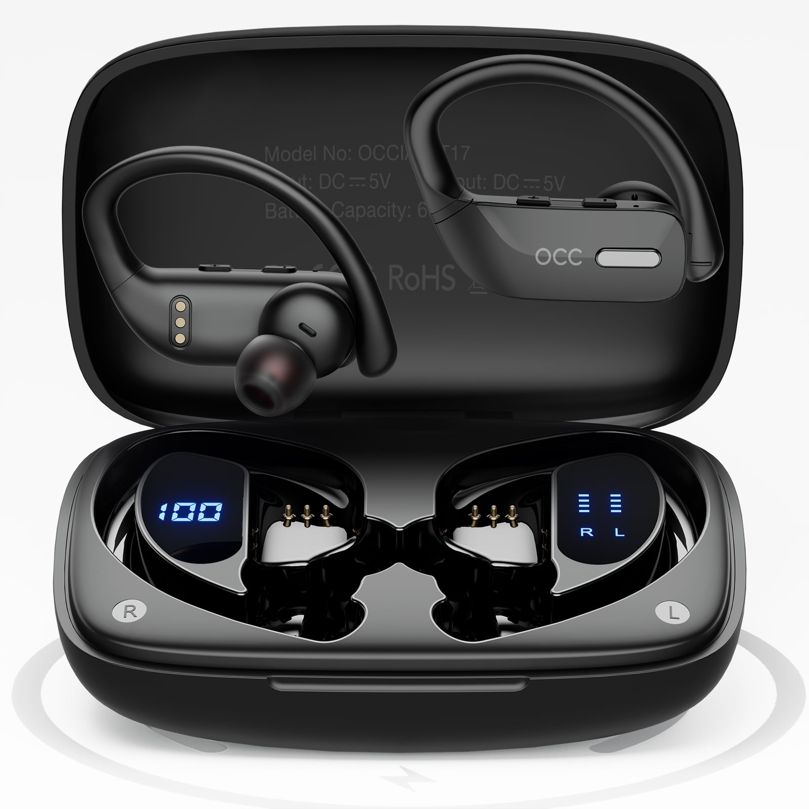 Bluetooth Headphones Wireless Earbuds 48hrs Playback IPX5 Waterproof  Earphones Over-Ear Stereo Bass Headset with Earhooks Microphone LED Battery