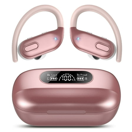 Bluetooth Headphones Wireless Earbuds 80Hrs Playback Sport Ear Buds with Earhook LED Display Charging Case IPX7 Waterproof Earbud Deep Bass Running Earphones for iOS Android Cellphone,Rose Pink