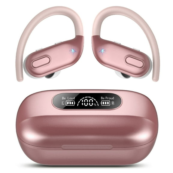 Bluetooth Headphones Wireless Earbuds 80Hrs Playback Sport Ear Buds with Earhook LED Display Charging Case IPX7 Waterproof Earbud Deep Bass Running Earphones for iOS Android Cellphone,Rose Pink
