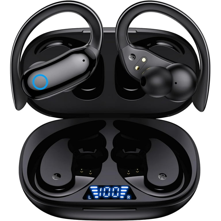 Bluetooth Headphones Wireless Earbuds 80hrs Playback Ear Buds IPX7 Waterproof Stereo Bass Over Ear Earphones with Earhooks Microphone LED Battery Display for Sports Workout Gym Running Black Walmart.c...