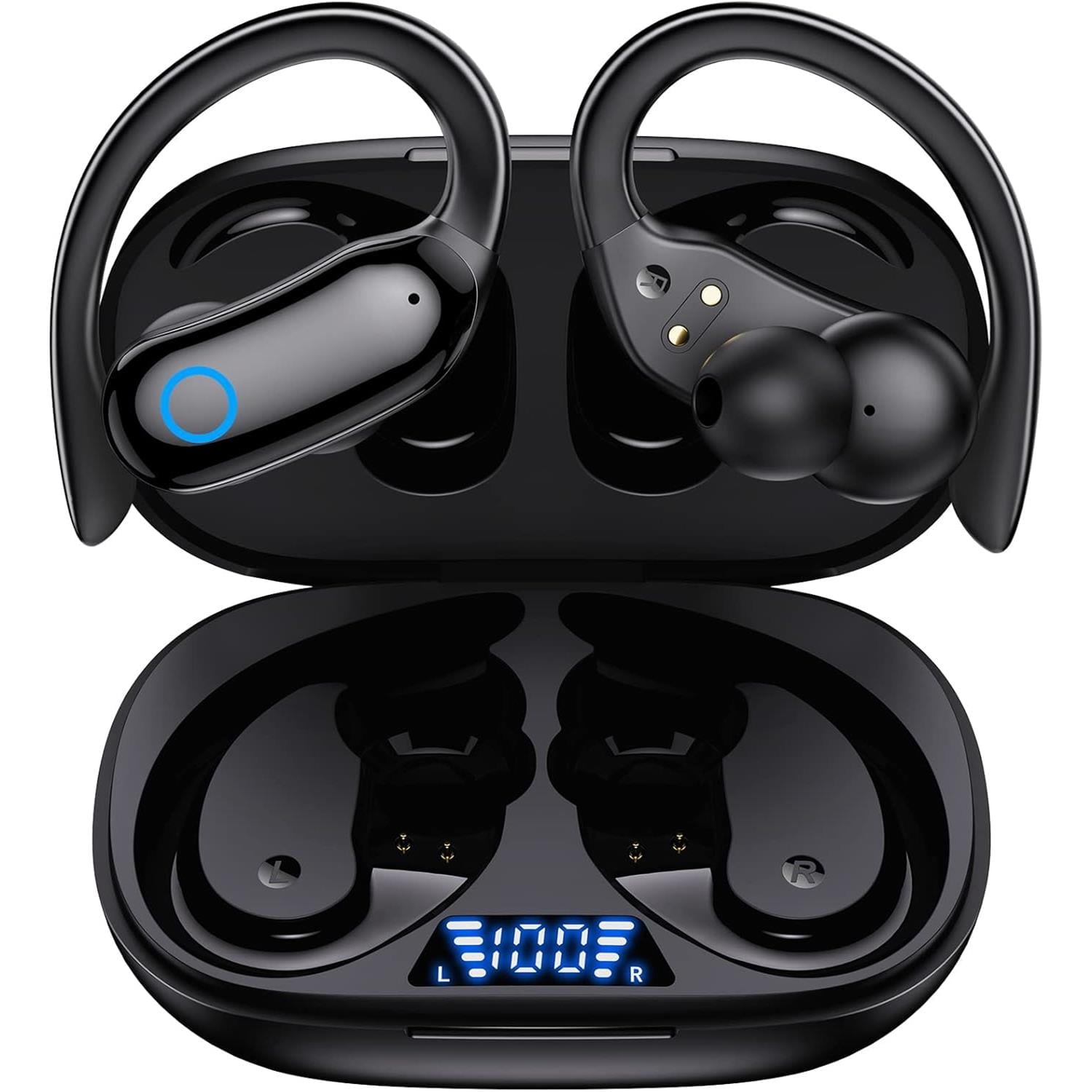 Bluetooth Headphones Wireless Earbuds 80hrs Playback IPX7 Waterproof Earphones Over-Ear Stereo Bass Headset with Earhooks Microphone LED Battery Display for Sports/Workout/Gym