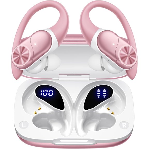 Bluetooth Headphones Wireless Earbuds 80hrs Playtime Charging Case Digital Display Sport Ear Buds with Earhook Deep Bass IPX7 Waterproof Over-Ear Earphones for Phone Laptop Rose Gold