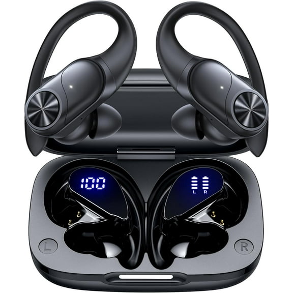 Bluetooth Headphones Wireless Earbuds 80hrs Playtime Charging Case Digital Display Sports Ear Buds with Earhook Deep Bass IPX7 Waterproof Over-Ear Earphones for TV Phone Laptop