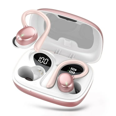 Wireless Earbuds 64hrs Bluetooth Headphone Sport, Bluetooth Earbuds Stereo Deep Bass Over Ear Bud with Earhooks, LED Display, ENC Noise Cancelling Mic, Earphones for Workout/Running, Pink
