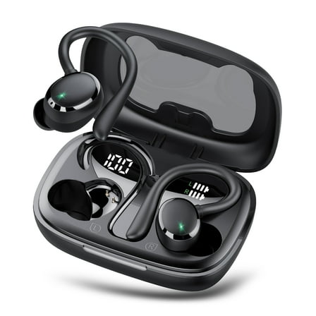 Wireless Earbuds 64hrs Bluetooth Headphone Sport, Bluetooth Earbuds Stereo Deep Bass Over Ear Bud with Earhooks, LED Display, ENC Noise Cancelling Mic, Earphones for Workout/Running, Black
