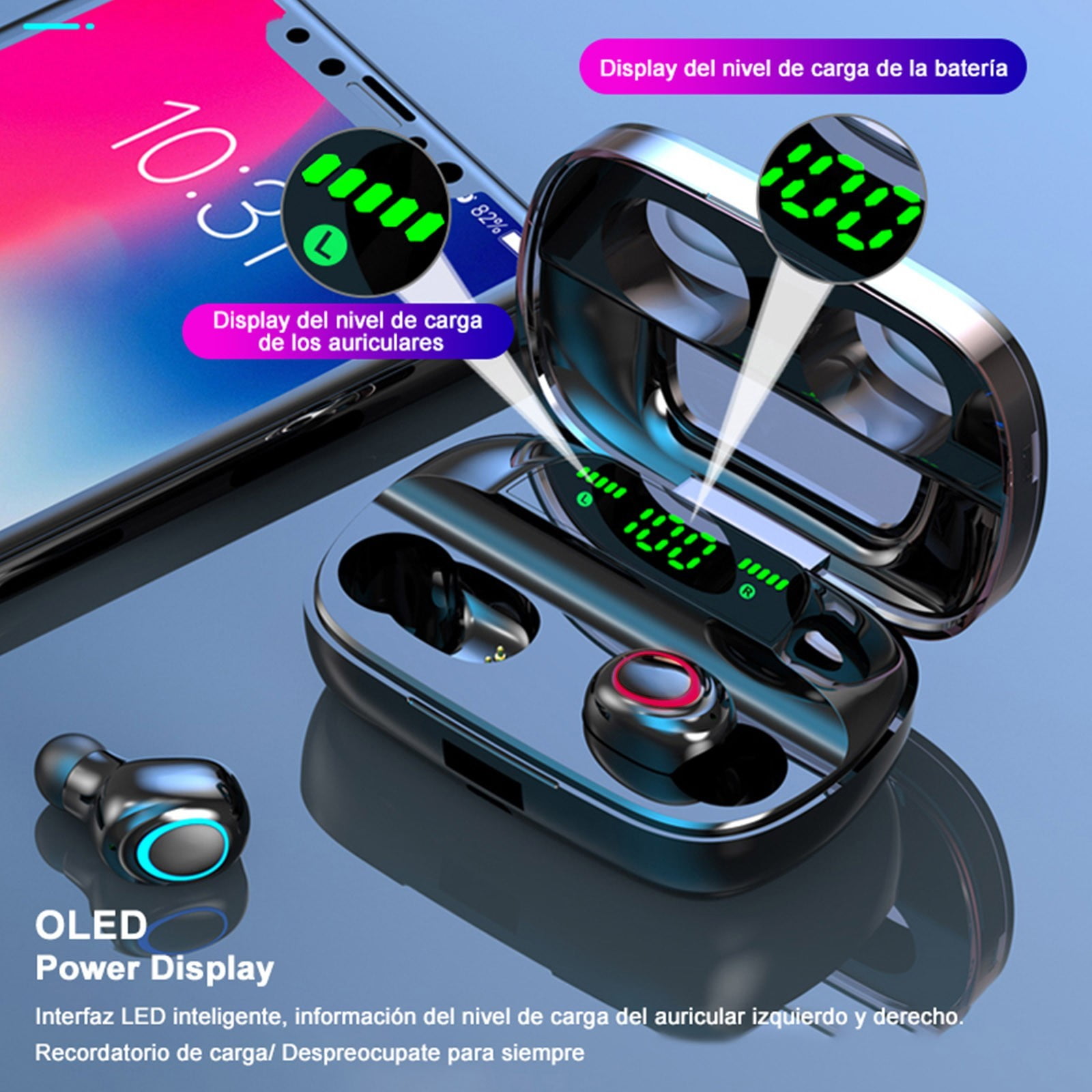 Bluetooth Headphones Wireless Earbuds 80hrs Playtime Wireless Charging Case Digital Display Sports Ear Buds with Earhook Deep Bass IPX7 Waterproof Over-Ear Earphones for TV Phone Laptop - Black