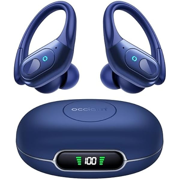 Bluetooth Headphones Wireless Earbuds 90H Playback Sport Ear Buds with LED Display Charging Case in Ear Sweatproof Running Earphones with Earhook for Workout iOS Android Cellphone,Navy Blue